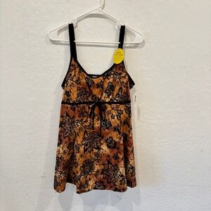 Vtg It Figures Swimdress Womens 18W Tan Black Floral Paisley Modest Y2K Babydoll